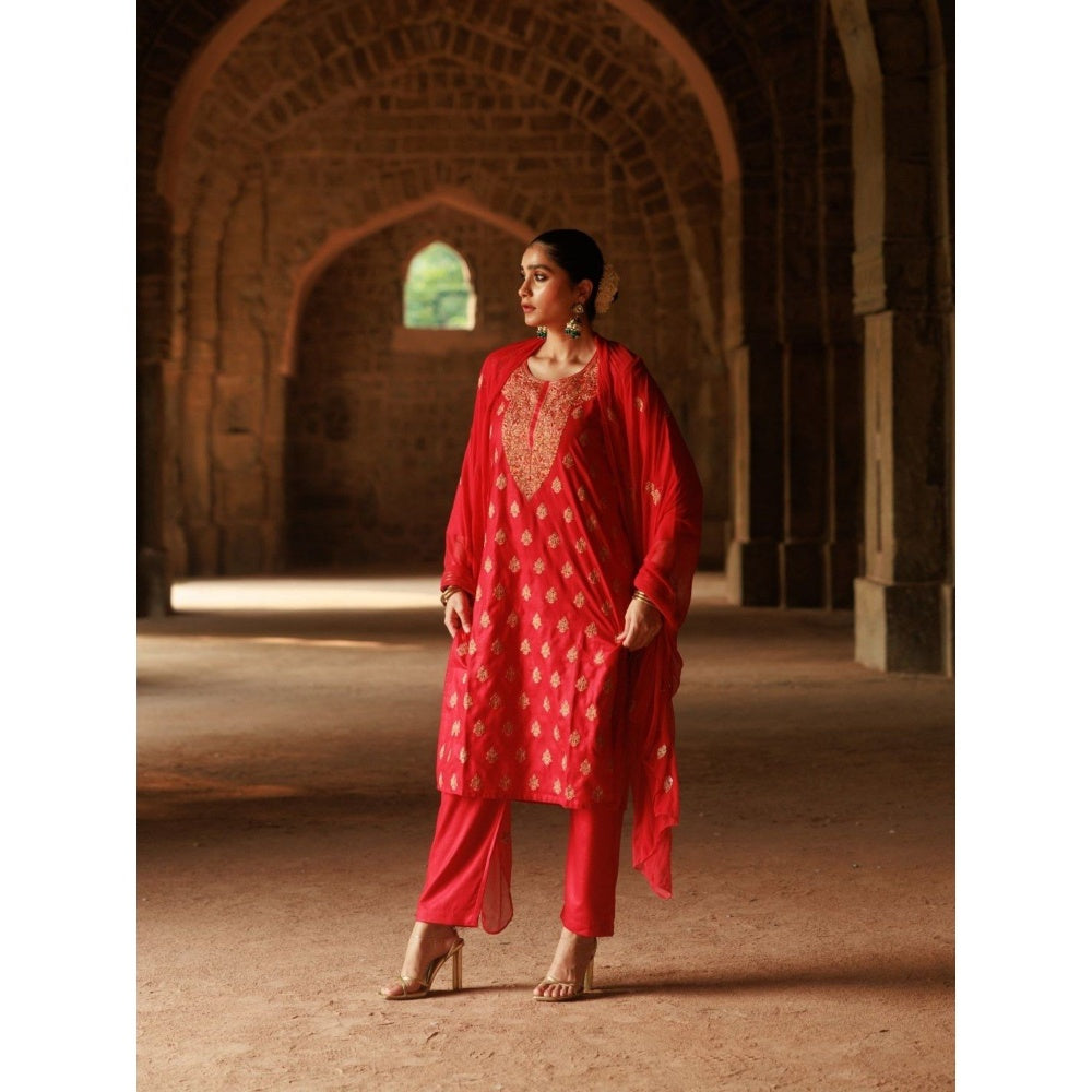 House of Chikankari Cotton Aari Embroidered Kurta with Pant and Dupatta - Red (Set of 3)