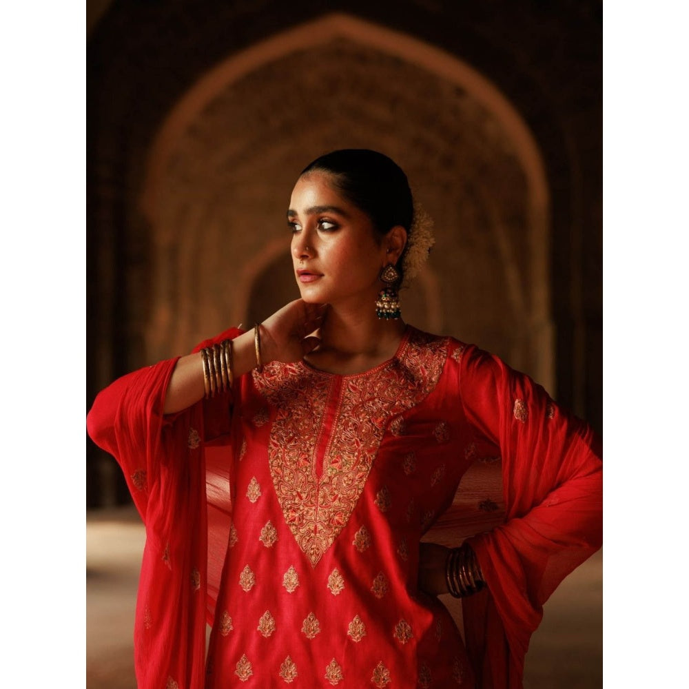 House of Chikankari Cotton Aari Embroidered Kurta with Pant and Dupatta - Red (Set of 3)