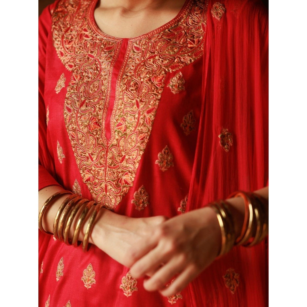 House of Chikankari Cotton Aari Embroidered Kurta with Pant and Dupatta - Red (Set of 3)