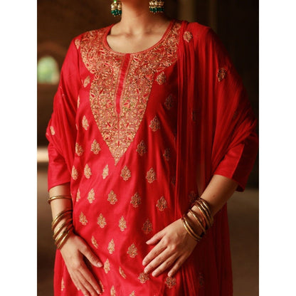 House of Chikankari Cotton Aari Embroidered Kurta with Pant and Dupatta - Red (Set of 3)