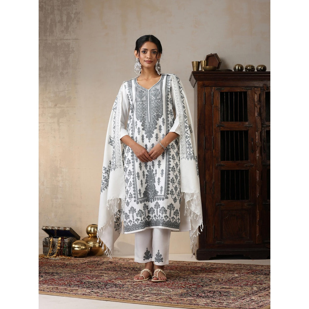 House of Chikankari White Woolen Aari Embroidered Kurta with Pant and Dupatta (Set of 3)