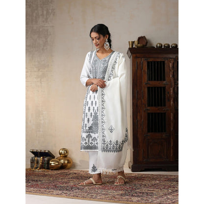 House of Chikankari White Woolen Aari Embroidered Kurta with Pant and Dupatta (Set of 3)