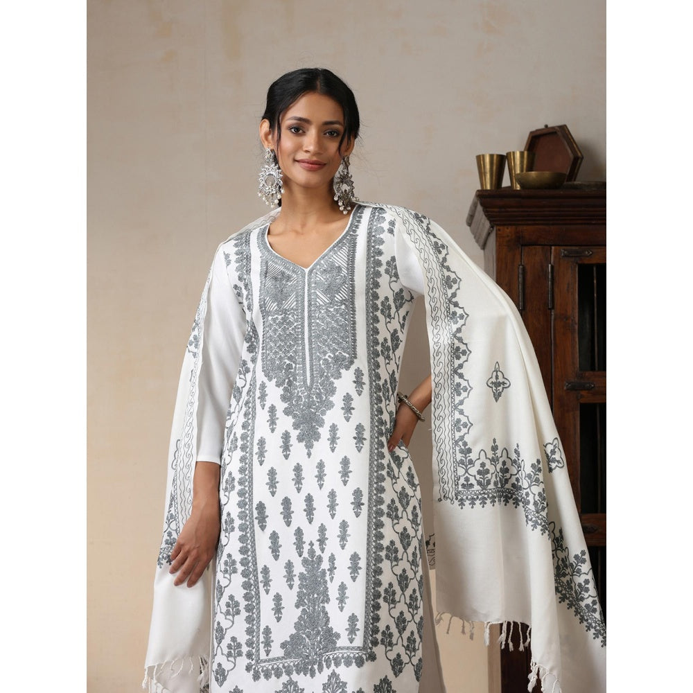 House of Chikankari White Woolen Aari Embroidered Kurta with Pant and Dupatta (Set of 3)