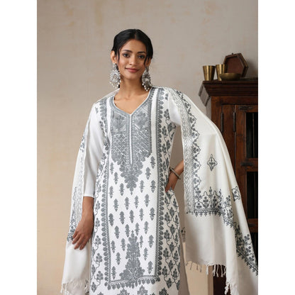 House of Chikankari White Woolen Aari Embroidered Kurta with Pant and Dupatta (Set of 3)