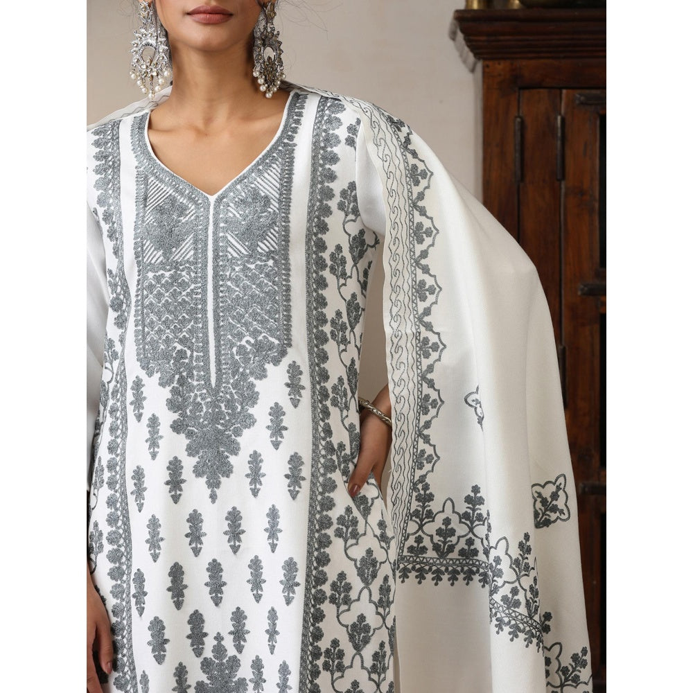 House of Chikankari White Woolen Aari Embroidered Kurta with Pant and Dupatta (Set of 3)