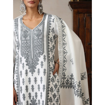 House of Chikankari White Woolen Aari Embroidered Kurta with Pant and Dupatta (Set of 3)
