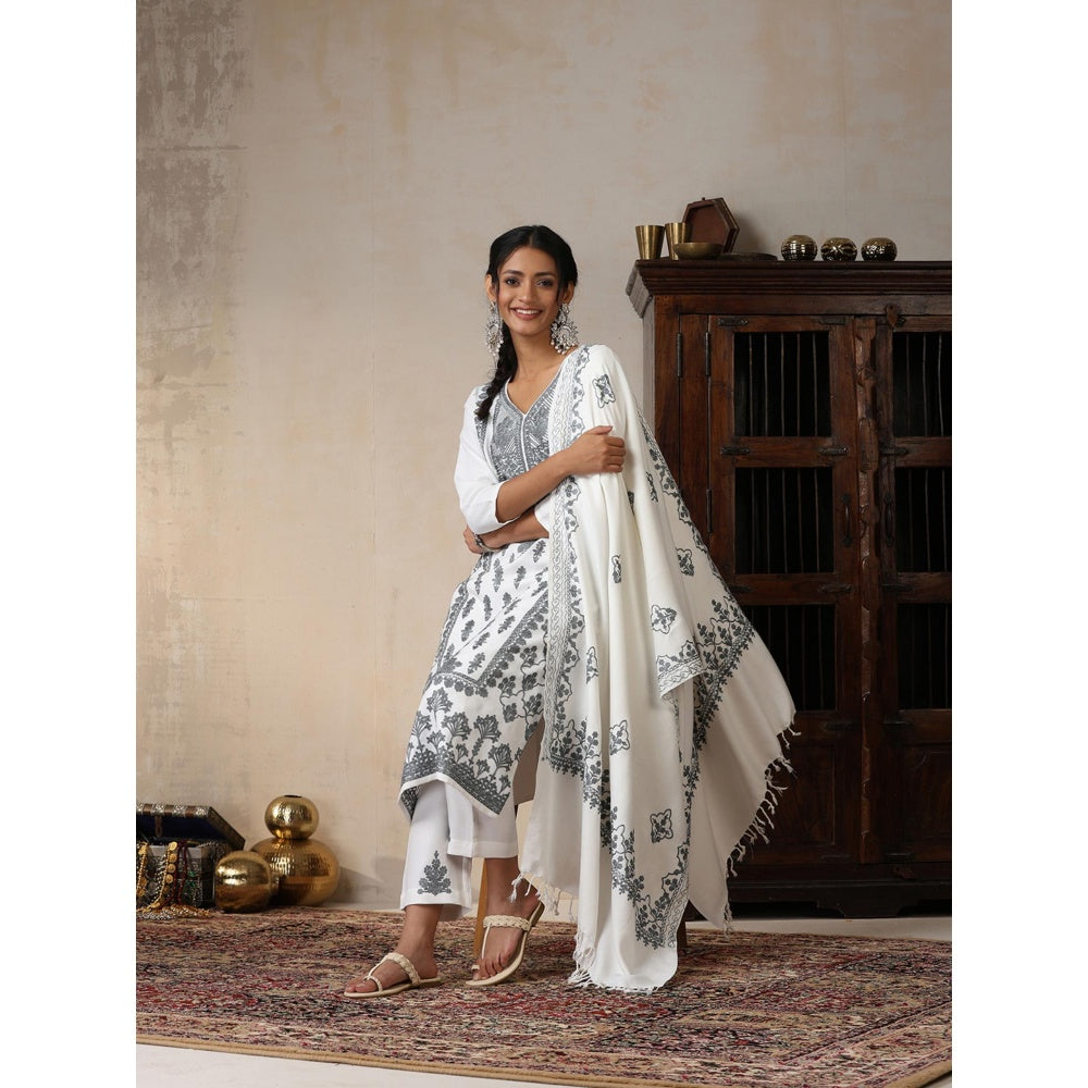 House of Chikankari White Woolen Aari Embroidered Kurta with Pant and Dupatta (Set of 3)