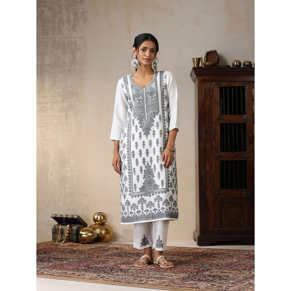 House of Chikankari White Woolen Aari Embroidered Kurta with Pant and Dupatta (Set of 3)