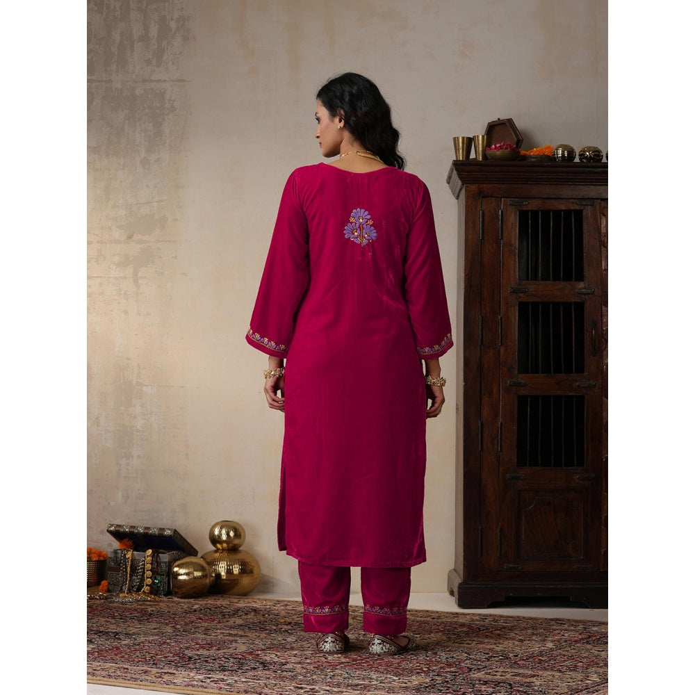 House of Chikankari Pink Velvet Chikankari Embroidered Kurta with Pant (Set of 2)