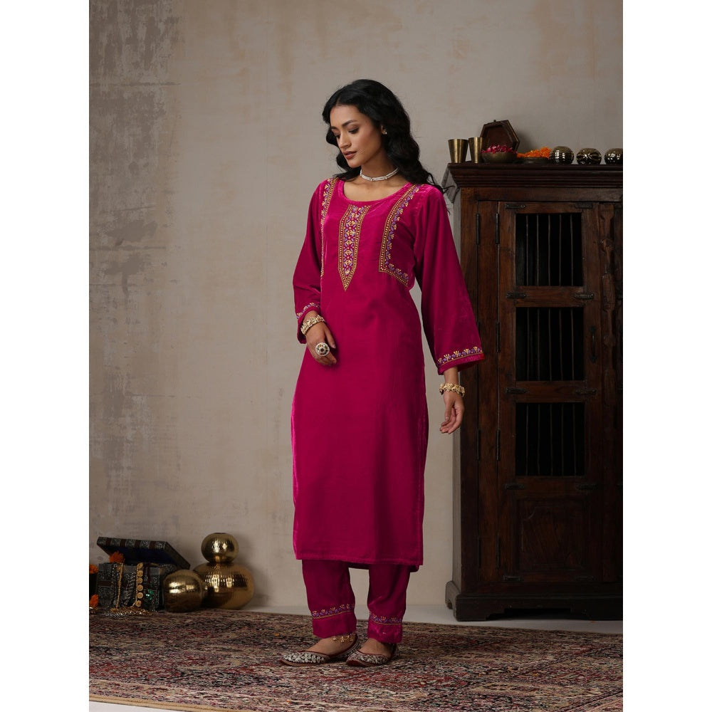 House of Chikankari Pink Velvet Chikankari Embroidered Kurta with Pant (Set of 2)