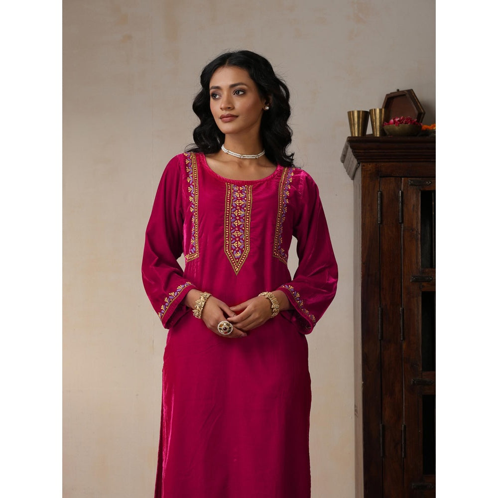 House of Chikankari Pink Velvet Chikankari Embroidered Kurta with Pant (Set of 2)