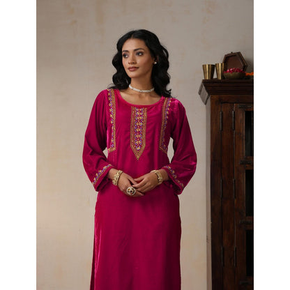 House of Chikankari Pink Velvet Chikankari Embroidered Kurta with Pant (Set of 2)