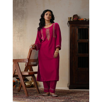 House of Chikankari Pink Velvet Chikankari Embroidered Kurta with Pant (Set of 2)