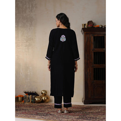 House of Chikankari Black Velvet Chikankari Embroidered Kurta with Pant (Set of 2)