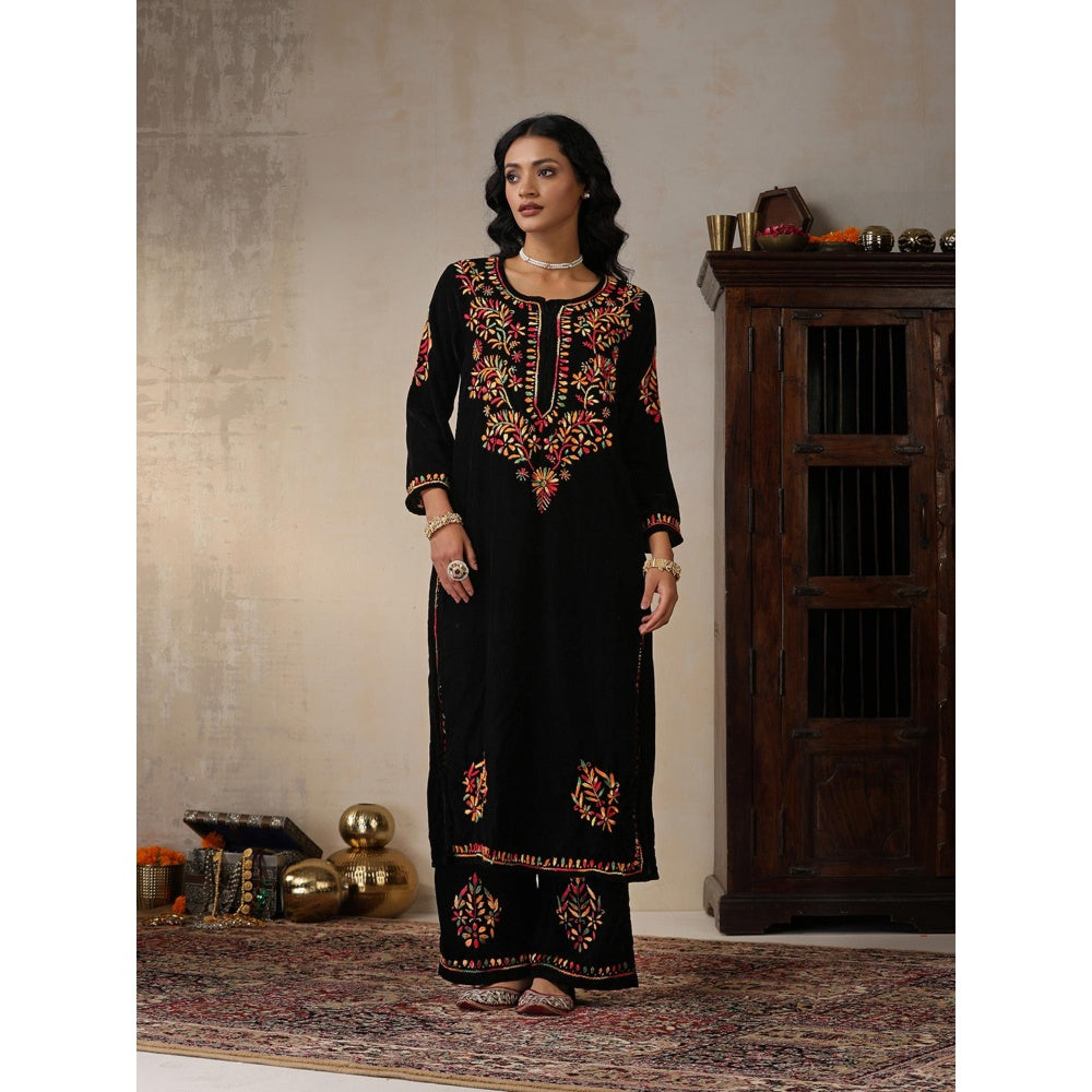 House of Chikankari Black Velvet Chikankari Embroidered Kurta with Palazzo (Set of 2)