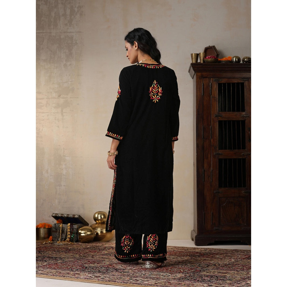 House of Chikankari Black Velvet Chikankari Embroidered Kurta with Palazzo (Set of 2)
