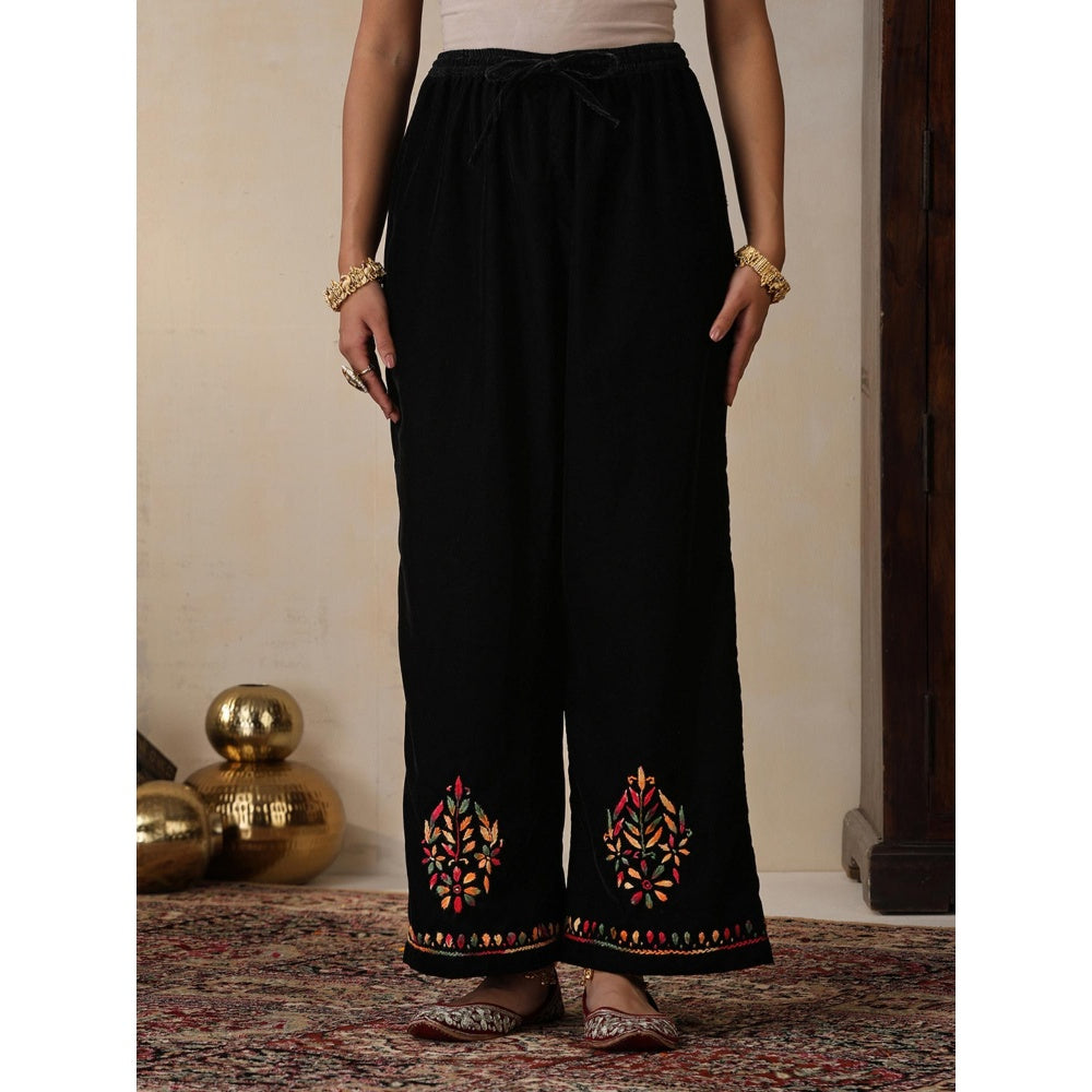 House of Chikankari Black Velvet Chikankari Embroidered Kurta with Palazzo (Set of 2)