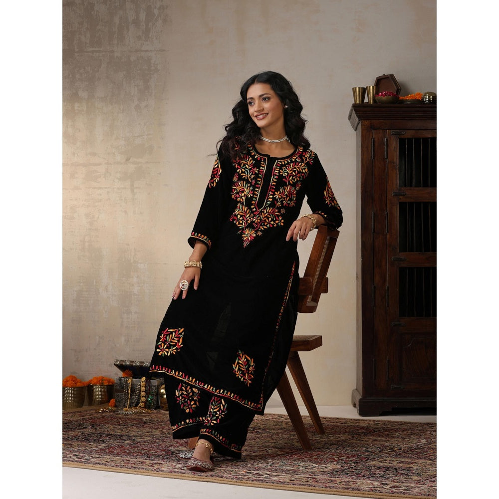 House of Chikankari Black Velvet Chikankari Embroidered Kurta with Palazzo (Set of 2)