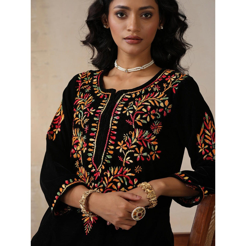 House of Chikankari Black Velvet Chikankari Embroidered Kurta with Palazzo (Set of 2)