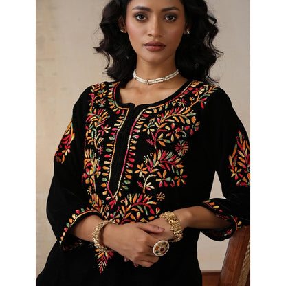 House of Chikankari Black Velvet Chikankari Embroidered Kurta with Palazzo (Set of 2)