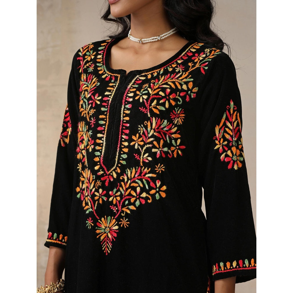 House of Chikankari Black Velvet Chikankari Embroidered Kurta with Palazzo (Set of 2)