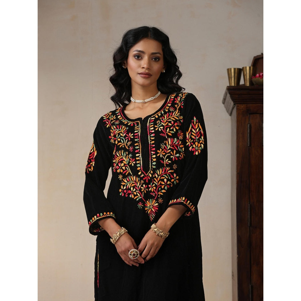 House of Chikankari Black Velvet Chikankari Embroidered Kurta with Palazzo (Set of 2)
