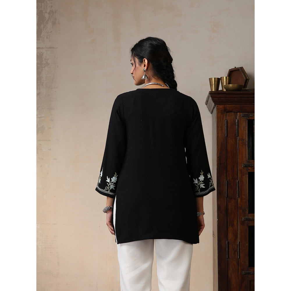 House of Chikankari Threadwork Embroidered Woollen Solid Short Tunic Black
