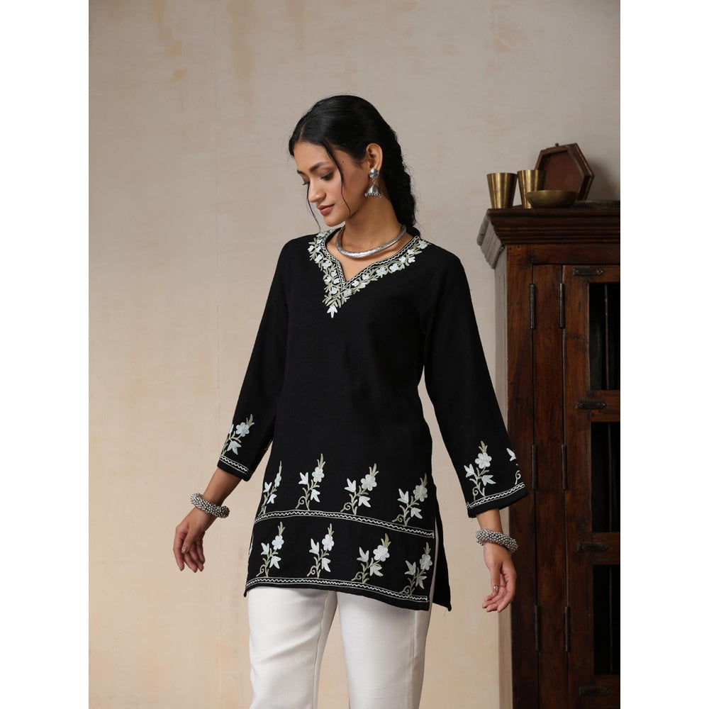 House of Chikankari Threadwork Embroidered Woollen Solid Short Tunic Black