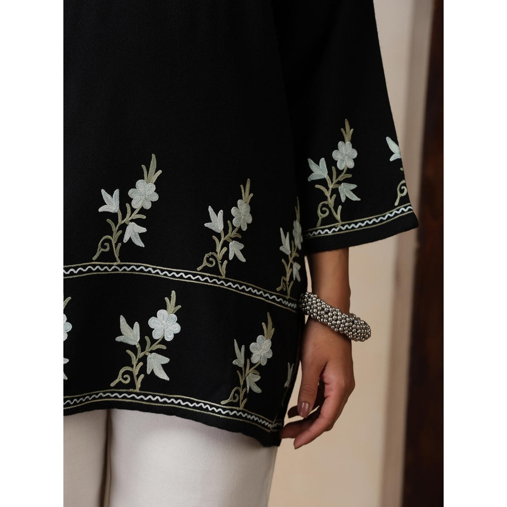 House of Chikankari Threadwork Embroidered Woollen Solid Short Tunic Black