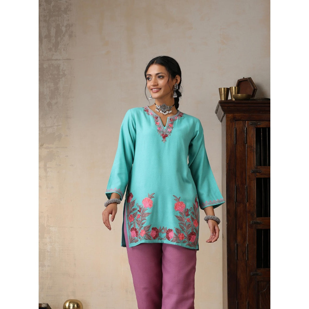 House of Chikankari Threadwork Embroidered Woollen Solid Short Tunic Turquoise Blue