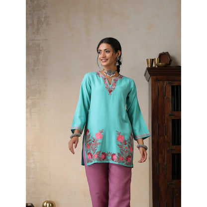House of Chikankari Threadwork Embroidered Woollen Solid Short Tunic Turquoise Blue