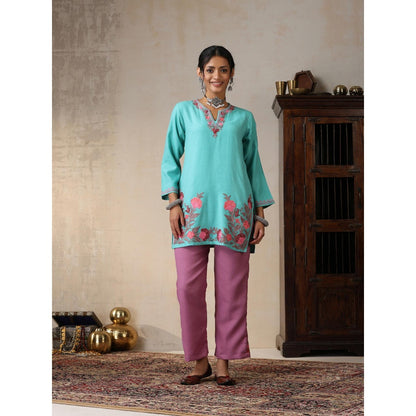 House of Chikankari Threadwork Embroidered Woollen Solid Short Tunic Turquoise Blue