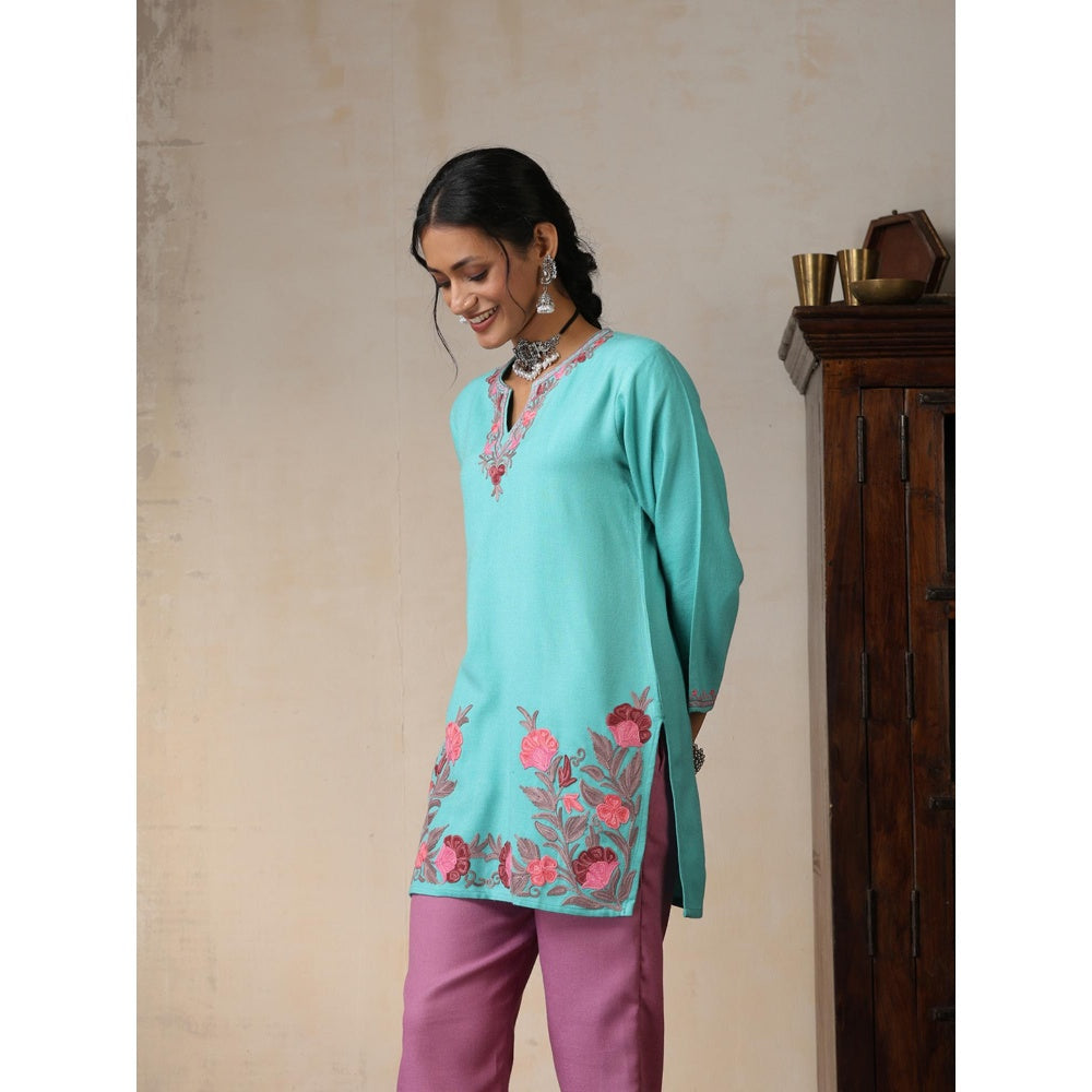 House of Chikankari Threadwork Embroidered Woollen Solid Short Tunic Turquoise Blue