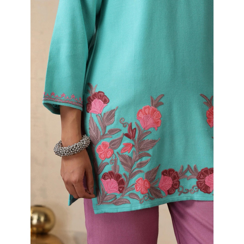 House of Chikankari Threadwork Embroidered Woollen Solid Short Tunic Turquoise Blue