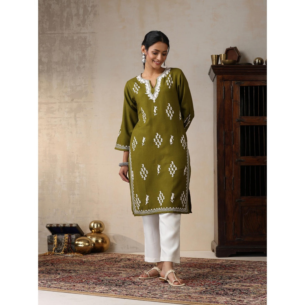 House of Chikankari Threadwork Embroidered Woollen Solid Long Kurta Light Green
