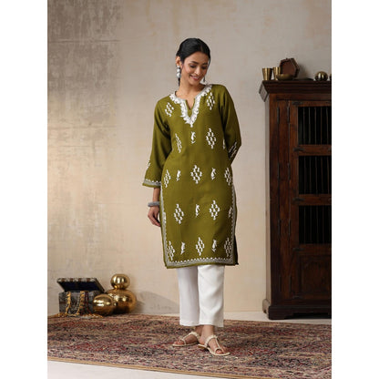 House of Chikankari Threadwork Embroidered Woollen Solid Long Kurta Light Green