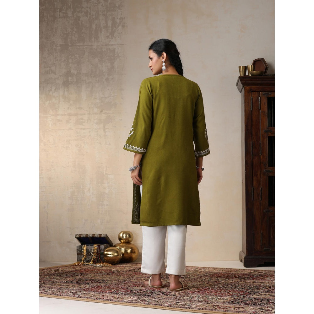 House of Chikankari Threadwork Embroidered Woollen Solid Long Kurta Light Green