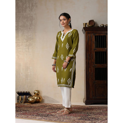 House of Chikankari Threadwork Embroidered Woollen Solid Long Kurta Light Green