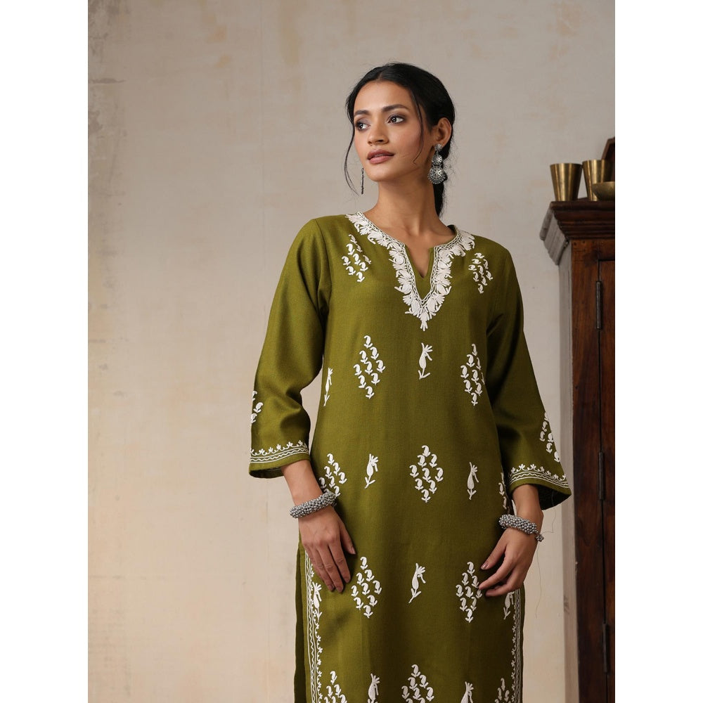 House of Chikankari Threadwork Embroidered Woollen Solid Long Kurta Light Green