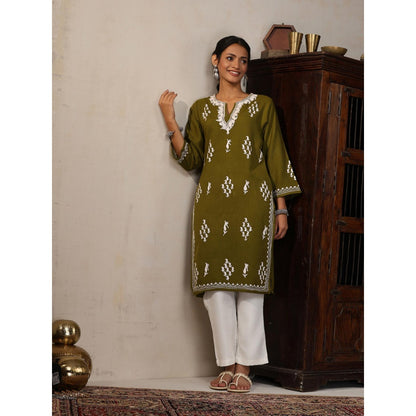 House of Chikankari Threadwork Embroidered Woollen Solid Long Kurta Light Green