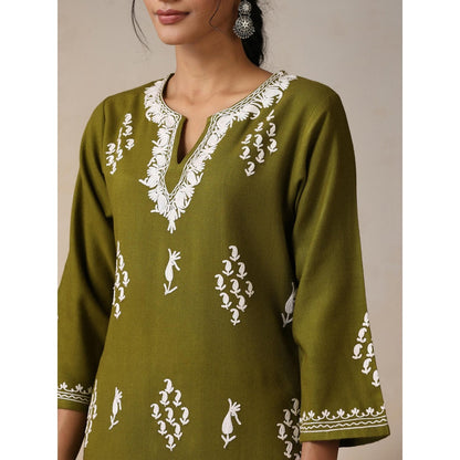 House of Chikankari Threadwork Embroidered Woollen Solid Long Kurta Light Green