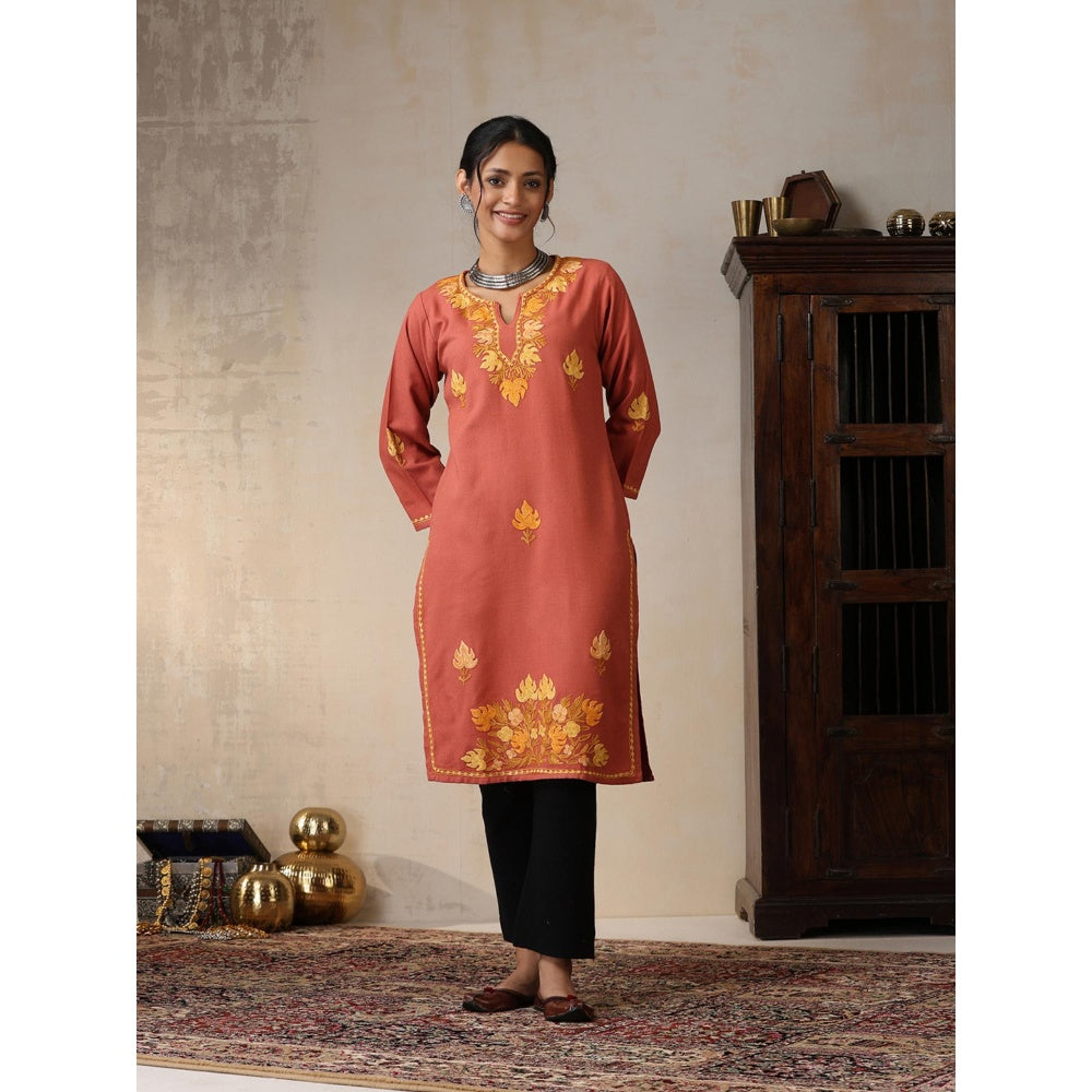 House of Chikankari Threadwork Embroidered Woollen Solid Long Kurta Coral