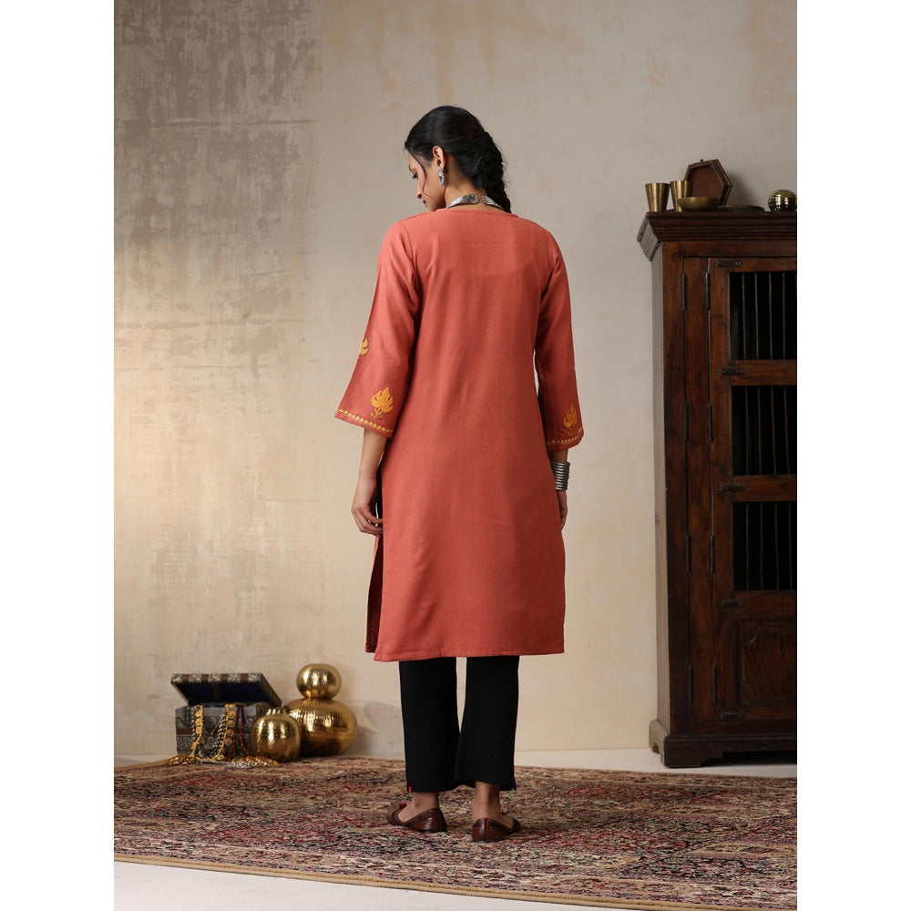 House of Chikankari Threadwork Embroidered Woollen Solid Long Kurta Coral