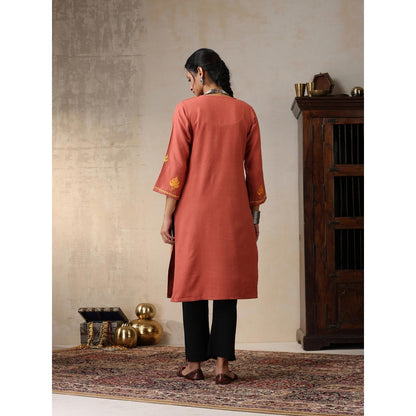 House of Chikankari Threadwork Embroidered Woollen Solid Long Kurta Coral