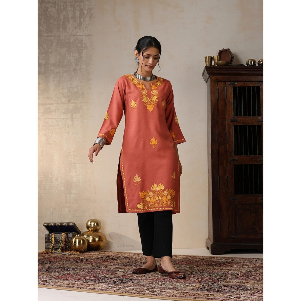 House of Chikankari Threadwork Embroidered Woollen Solid Long Kurta Coral