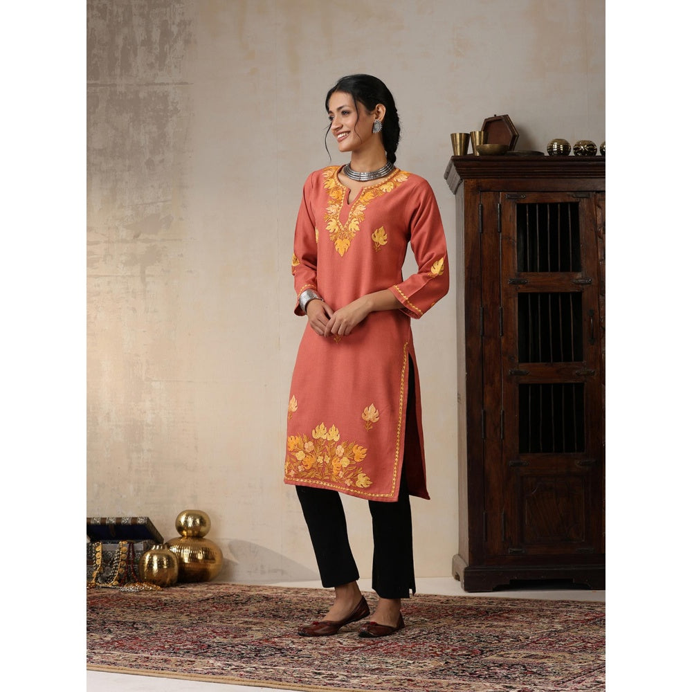 House of Chikankari Threadwork Embroidered Woollen Solid Long Kurta Coral