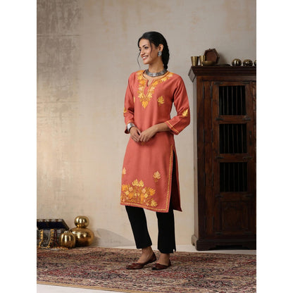House of Chikankari Threadwork Embroidered Woollen Solid Long Kurta Coral