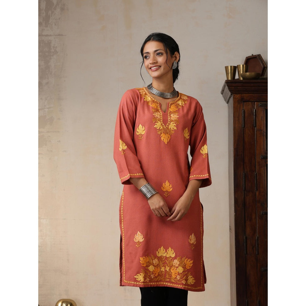 House of Chikankari Threadwork Embroidered Woollen Solid Long Kurta Coral