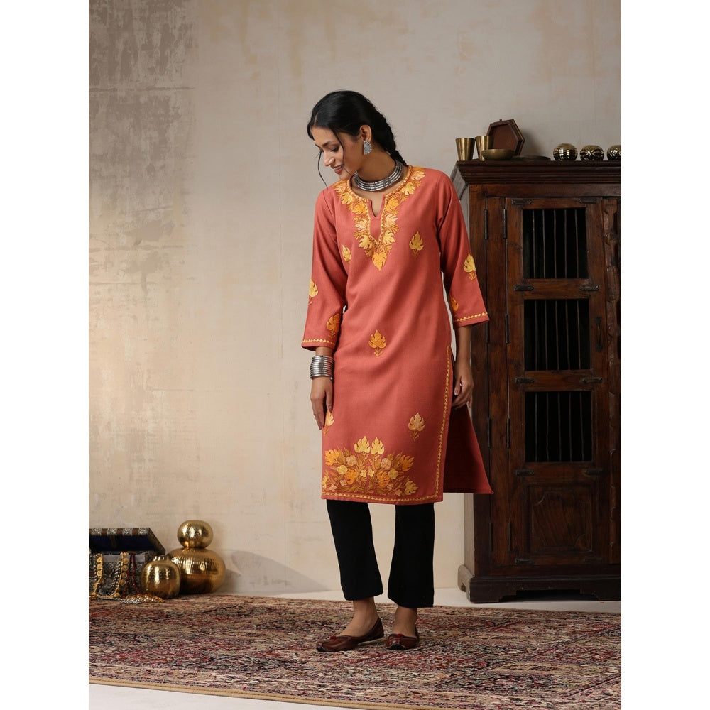 House of Chikankari Threadwork Embroidered Woollen Solid Long Kurta Coral