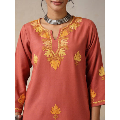 House of Chikankari Threadwork Embroidered Woollen Solid Long Kurta Coral
